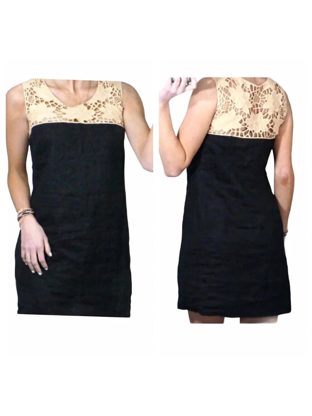Loft Size 4P Black Linen Shift Crochet Lace Yolk Sleeveless Coastal Old Money